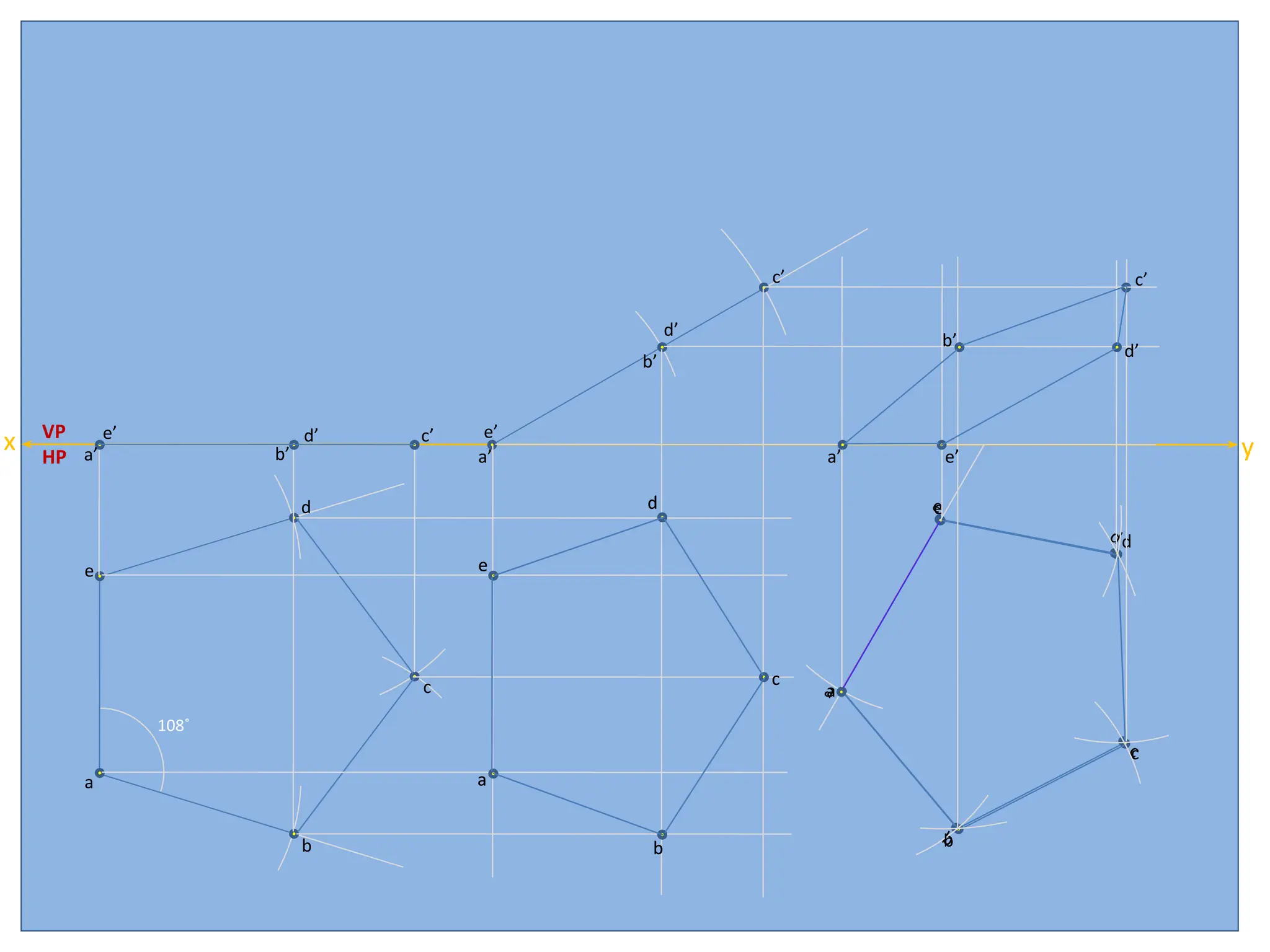 x y
HP
VP
a
b
c
d
e
108˚
a’
e’
b’
d’ c’
a’
e’
c’
b’
d’
a
b
c
d
e
a
b
c
d
e
a
b
c
d
e
a
d
e
c
b
a’ e’
b’
d’
c’
 