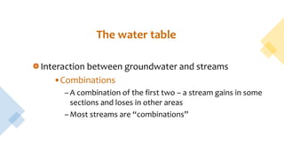 The water table
Interaction between groundwater and streams
•Combinations
–A combination of the first two – a stream gains in some
sections and loses in other areas
–Most streams are “combinations”
 