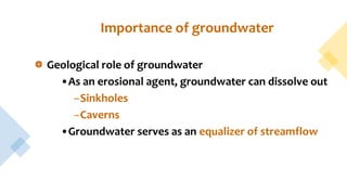 Importance of groundwater
Geological role of groundwater
•As an erosional agent, groundwater can dissolve out
–Sinkholes
–Caverns
•Groundwater serves as an equalizer of streamflow
 