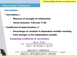 OperationsManagement
 Correlation, r
• Measure of strength of relationship
• Varies between -1.00 and +1.00
 Coefficient of determination, r2
• Percentage of variation in dependent variable resulting
from changes in the independent variable
Computing coefficient of correlation:
Forecasting Techniques
Forecasting: Models and Applications
Correlation
n xy -  x y
[n x2 - ( x)2] [n y2 - ( y)2]
r =
(8)(2,167.7) - (49)(346.9)
[(8)(311) - (49)2] [(8)(15,224.7) - (346.9)2]
r = =0.947
 