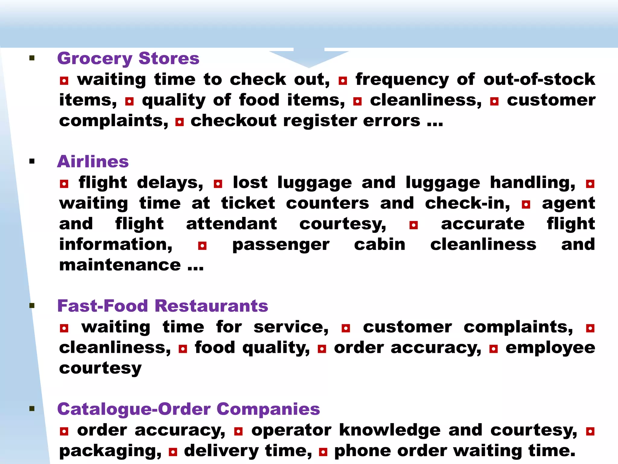 Grocery Stores
◘ waiting time to check out, ◘ frequency of out-of-stock
items, ◘ quality of food items, ◘ cleanliness, ◘ customer
complaints, ◘ checkout register errors …
 Airlines
◘ flight delays, ◘ lost luggage and luggage handling, ◘
waiting time at ticket counters and check-in, ◘ agent
and flight attendant courtesy, ◘ accurate flight
information, ◘ passenger cabin cleanliness and
maintenance …
 Fast-Food Restaurants
◘ waiting time for service, ◘ customer complaints, ◘
cleanliness, ◘ food quality, ◘ order accuracy, ◘ employee
courtesy
 Catalogue-Order Companies
◘ order accuracy, ◘ operator knowledge and courtesy, ◘
packaging, ◘ delivery time, ◘ phone order waiting time.
 