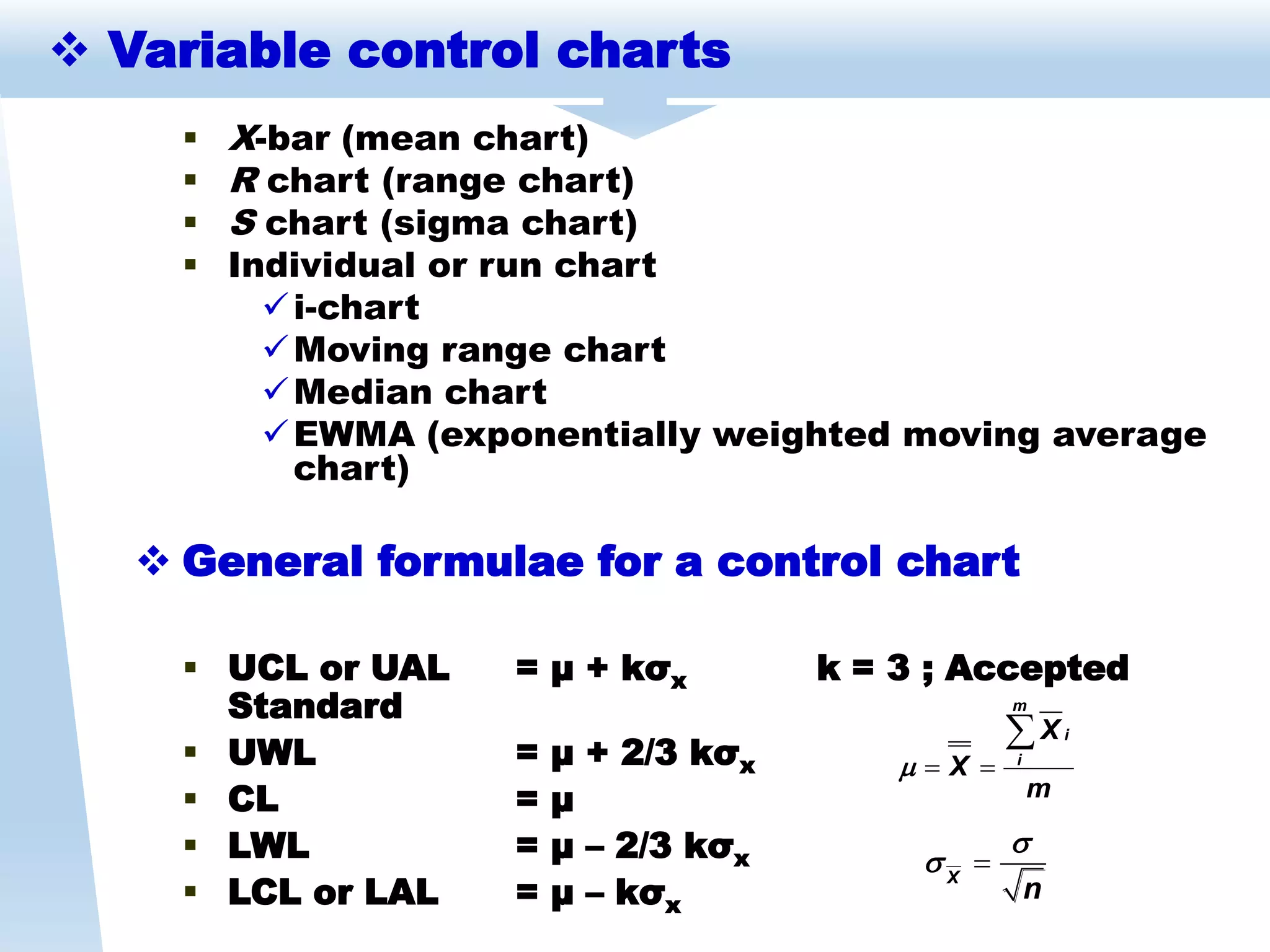  X-bar (mean chart)
 R chart (range chart)
 S chart (sigma chart)
 Individual or run chart
i-chart
Moving range chart
Median chart
EWMA (exponentially weighted moving average
chart)
 General formulae for a control chart
 UCL or UAL = μ + kσx k = 3 ; Accepted
Standard
 UWL = μ + 2/3 kσx
 CL = μ
 LWL = μ – 2/3 kσx
 LCL or LAL = μ – kσx
 

m
i
i
X
X
m

X
n


 Variable control charts
 