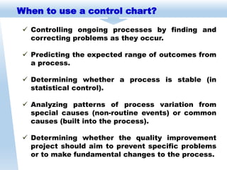  Controlling ongoing processes by finding and
correcting problems as they occur.
 Predicting the expected range of outcomes from
a process.
 Determining whether a process is stable (in
statistical control).
 Analyzing patterns of process variation from
special causes (non-routine events) or common
causes (built into the process).
 Determining whether the quality improvement
project should aim to prevent specific problems
or to make fundamental changes to the process.
When to use a control chart?
 