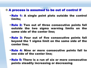  A process is assumed to be out of control if
 Rule 1: A single point plots outside the control
limits;
 Rule 2: Two out of three consecutive points fall
outside the two sigma warning limits on the
same side of the center line;
 Rule 3: Four out of five consecutive points fall
beyond the 1 sigma limit on the same side of the
center line;
 Rule 4: Nine or more consecutive points fall to
one side of the center line;
 Rule 5: There is a run of six or more consecutive
points steadily increasing or decreasing
 