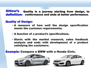 Quality of Design:
• A measure of how well the design specification
meets the customer requirements;
• A function of a product’s specifications.
• Starts with the market research, sales feedback
analysis and ends with development of a product
satisfying the customers.
Example: Compare a BMW with a Honda Civic.
Gitlow’s
definition:
Quality is a journey starting from design, to
conformance and ends at better performance.
 