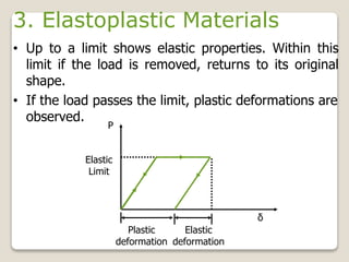 3. Elastoplastic Materials
• Up to a limit shows elastic properties. Within this
limit if the load is removed, returns to its original
shape.
• If the load passes the limit, plastic deformations are
observed.
Plastic
deformation
Elastic
deformation
P
δ
Elastic
Limit
 
