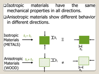 Isotropic materials have the same
mechanical properties in all directions.
Anisotropic materials show different behavior
in different directions.
Isotropic
Materials
(METALS)
Ξ
δ1
δ2
Anisotropic
Materials
(WOOD)
δ1
≠
δ2
δ1= δ2
δ1≠ δ2
 