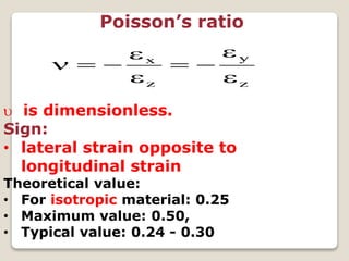 Poisson’s ratio
z
y
z
x






 is dimensionless.
Sign:
• lateral strain opposite to
longitudinal strain
Theoretical value:
• For isotropic material: 0.25
• Maximum value: 0.50,
• Typical value: 0.24 - 0.30
 