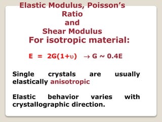 Elastic Modulus, Poisson’s
Ratio
and
Shear Modulus
For isotropic material:
E = 2G(1+)  G ~ 0.4E
Single crystals are usually
elastically anisotropic
Elastic behavior varies with
crystallographic direction.
 