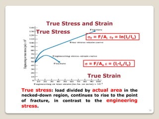 38
True Stress and Strain
True stress: load divided by actual area in the
necked-down region, continues to rise to the point
of fracture, in contrast to the engineering
stress.
 = F/Ao  = (li-lo/lo)
T = F/Ai T = ln(li/lo)
True Strain
True Stress
 