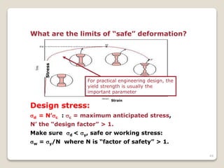 44
What are the limits of “safe” deformation?
Design stress:
d = N’c : c = maximum anticipated stress,
N’ the “design factor” > 1.
Make sure d < y, safe or working stress:
w = y/N where N is “factor of safety” > 1.
For practical engineering design, the
yield strength is usually the
important parameter
Strain
Stress
 