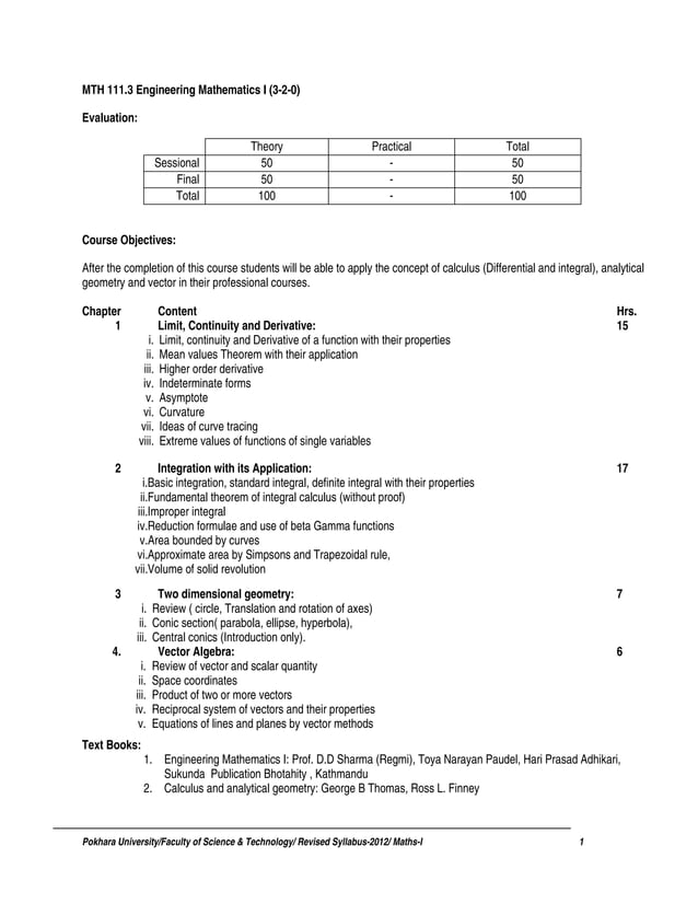 Engg mathematics i(pokhara university) | PDF | Physics | Science
