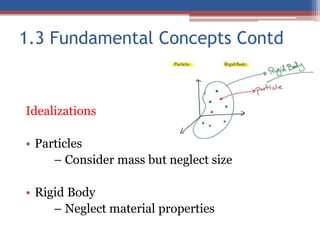 1.3 Fundamental Concepts Contd
Idealizations
• Particles
– Consider mass but neglect size
• Rigid Body
– Neglect material properties
 