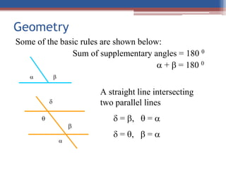 Geometry
Some of the basic rules are shown below:
Sum of supplementary angles = 180 0
 +  = 180 0
 




A straight line intersecting
two parallel lines
 = ,  = 
 = ,  = 
 