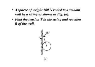 • A sphere of weight 100 N is tied to a smooth
wall by a string as shown in Fig. (a).
• Find the tension T in the string and reaction
R of the wall.
 