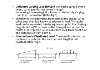 • Uniformly Varying Load (UVL): If the load is spread over a
beam, varying uniformly on each length
(increasing/decreasing), it is known as Uniformly Varying
Load (uvl). is constant. (Refer fig.3)
• Sometimes the load varies from zero at one end to ‘w’ at
other end, then it is known as triangular load. Triangular
load can be converted into its equivalent point load having
magnitude ‘ wl/2’ ( = area of the triangle) and acts at the
centre of distribution i.e. at a distance 2l/3 from point A or
at a distance l/3 from point B.
• Non-uniformly Distributed Load: The load distribution on
the beam is such that the load per unit length is not
constant. (Refer fig.4)
 