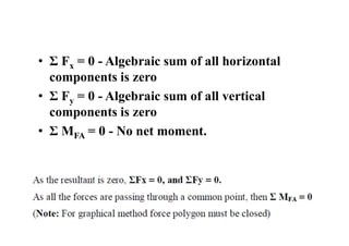 • Σ Fx = 0 - Algebraic sum of all horizontal
components is zero
• Σ Fy = 0 - Algebraic sum of all vertical
components is zero
• Σ MFA = 0 - No net moment.
 
