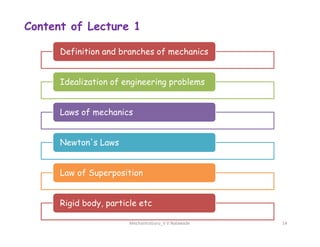 Content of Lecture 1
Definition and branches of mechanics
Idealization of engineering problems
Laws of mechanics
MechanicsGuru_V V Nalawade 14
Newton's Laws
Law of Superposition
Rigid body, particle etc
 