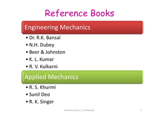 Engineering Mechanics
• Dr. R.K. Bansal
• N.H. Dubey
• Beer & Johnston
• K. L. Kumar
Reference Books
MechanicsGuru_V V Nalawade 4
• K. L. Kumar
• R. V. Kulkarni
Applied Mechanics
• R. S. Khurmi
• Sunil Deo
• R. K. Singer
 
