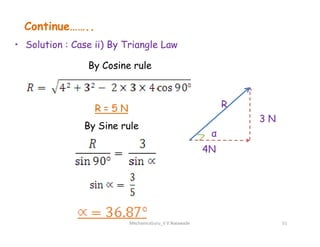 Continue……..
• Solution : Case ii) By Triangle Law
3 N
R
By Cosine rule
R = 5 N
By Sine rule
MechanicsGuru_V V Nalawade 51
3 N
4N
α
By Sine rule
 