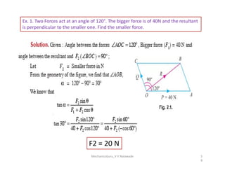 Ex. 1. Two Forces act at an angle of 120°. The bigger force is of 40N and the resultant
is perpendicular to the smaller one. Find the smaller force.
MechanicsGuru_V V Nalawade 5
8
F2 = 20 N
 