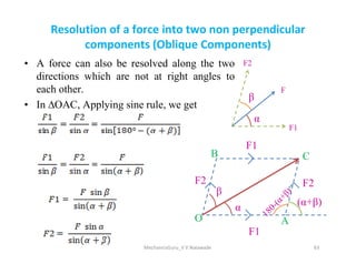 Resolution of a force into two non perpendicular
components (Oblique Components)
• A force can also be resolved along the two
directions which are not at right angles to
each other.
• In ∆OAC, Applying sine rule, we get
F
F2
F1
α
β
MechanicsGuru_V V Nalawade 63
α
β
(α+β)
F1
F2
F1
F2
O
B C
A
 