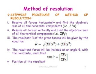 Method of resolution
 STEPWISE PROCEDURE OF METHOD OF
RESOLUTION:
i. Resolve all forces horizontally and find the algebraic
sum of all the horizontal components (i.e., ΣFx)
ii. Resolve all forces vertically and find the algebraic sum
of all the vertical components (i.e., ΣFy).
iii. The resultant R of the given forces will be given by the
iii. The resultant R of the given forces will be given by the
equation:
iv. The resultant force will be inclined at an angle θ, with
the horizontal, such that
v. Position of the resultant
MechanicsGuru_V V Nalawade 69
 