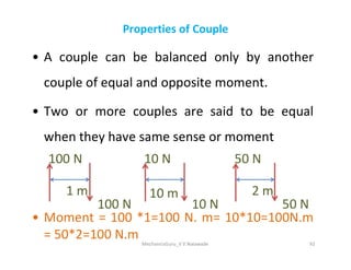 Properties of Couple
• A couple can be balanced only by another
couple of equal and opposite moment.
• Two or more couples are said to be equal
when they have same sense or moment
when they have same sense or moment
• Moment = 100 *1=100 N. m= 10*10=100N.m
= 50*2=100 N.m MechanicsGuru_V V Nalawade 92
2 m
50 N
50 N
10 m
10 N
10 N
1 m
100 N
100 N
 