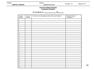 Life & Fire Safety Protection Compliance Schedule For the Month of:   ________________  199  _______ Page 9 of 19 Number: 1.8 Section ADMINISTRATION Subject: MONTHLY REPORT  24 23 26 25 22 21 20 19 18 17 16 15 14 13 12 11 10 9 8 7 6 5 4 3 2 1 Projected Date of Compliance If  item is not in Compliance what is the current Status? Comply Yes/No Legend Number 