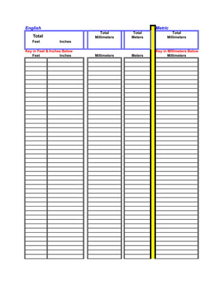 English                                             Metric
                                Total       Total            Total
    Total                    Millimeters   Meters         Millimeters
   Feet           Inches

Key in Feet & Inches Below                          Key in Millimeters Below
   Feet            Inches    Millimeters   Meters          Millimeters
 