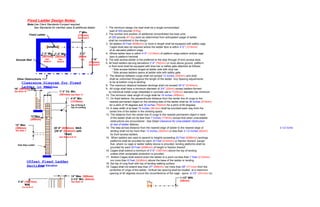 Fixed Ladder Design Notes:
              Note:Use Client Standards if project required
                   See Standards for member sizes & additional details             1. The minimum design live load shall be a single concentrated
                                                                                       load of 200 pounds (91Kg).
                                                            7" Min.
               Fixed Ladder                                (178mm)                 2. The number and position of additional concentrated live-load units
                                                           See Note13                 of 200 pounds (91 Kg) each as determined from anticipated usage of ladder
                                                                                      shall be considered in the design.
                                                                                   3. All ladders 20 Feet (6096mm) or more in length shall be equipped with safety cage.
                                                                                       Cages shall also be required where the ladder face is within 4'-0" (1219mm)
                                                                                       of an elevated platform edge.
                          1'-3" Min. 1'-3" Min.              2'-3"                 4. Where ladder face is within 4'-0" (1219mm) of platform edge extend vertical cage
                          (381mm) (381mm)                   (686m                      bars to platform handrail.
 Smooth Wall                See         See                   m)        2'-6"      5. The side access ladder is the preferred to the step through (Front) access style.
                           Note12      Note12                         (762mm)      6. All fixed ladders serving elevations 2'-6" (762mm) or more above ground, platform
                                                                      See Note11
                                                                                      or floor level shall be equipped with drop bar or safety gate attached as follows:
                                                                                          * Side access ladders hinged at ladder side with drop bar.
                                                                                          * Side access ladders opens at ladder side with safety gate.
                                                                                   7. The distance between rungs shall not exceed 12 inches (305mm) and shall
  Other Obstructions                                                                   shall be uniformed throughout the length of the ladder. Any Spacing adjustments
      Clearance Diagram for Fixed                                                      to be at bottom rung to landing.
                                                                                   8. The maximum distance between landings shall not exceed 30'-0" (9144mm).
      Ladder in WellView
                 Plan
                                                                                   9. All rungs shall have a minimum diameter of 3/4" (20mm) except ladders formed
16" (407mm) MIN
See Note 10                              1'-3" Clr. Min.                              by individual metal rungs imbedded in concrete use a 1"(25mm) diameter bar minimum.
                                         (381mm) See Note 12                       10. The minimum clear length of rungs shall be 16 inches (406mm).
                                                  4'-0" Min.                       11. On fixed ladders, the perpendicular distance from the center line of rungs to the
                                                  (1219mm)                             nearest permanent object on the climbing side of the ladder shall be 36 inches (914mm)
                                                  Top of Rung &                        for a pitch of 76 degrees and 30 inches (762mm) for a pitch of 90 degrees.
                                                  Top of Landing                   12. A clear width of at least 15 inches (381mm) shall be provided each way from the
                                                                                       center line of the ladder in the climbing space.
                                                                                   13. The distance from the center line of rungs to the nearest permanent object in back
                12"Max.
                                                                                        of the ladder shall not be less than 7 inches (178mm) except that when unavoidable
                (305mm)
                                                                                        obstructions are encountered - See Detail Clearance for Unavoidable Obstruction
12" Max                                                                                 at rear of ladder (Below).
(305mm)                             20'-0" (6096mm) MAX.                           14. The step-across distance from the nearest edge of ladder to the nearest edge of          2-1/2 inches
See Note 7                          [30'-0" (9144mm) with                               landing shall not be more than 12 inches (305mm) or less than 2-1/2 Inches (64mm)
                                             Cage]                                      for front access ladders.
                                        See Notes 8 & 15                           15. When ladders are used to ascend to heights exceeding 20 Feet (6096mm) landings
                                                                                        platforms shall be provided for each 30 Feet (9144mm) or fraction thereof, except
   Side Step Ladder                                                                     that, where no cage or ladder safety device is provided, landing platforms shall be
                                                                                        provided for each 20 Feet (6096mm) of height or fraction thereof.
                                                                                   16. Cages shall extend a minimum of 3'-6" (1067mm) above the top of landing,
                                                                                        unless other acceptable protection is provided.
                                                                                   17. Bottom Cages shall extend down the ladder to a point not less than 7 Feet (2134mm)
                                                                                        nor more than 8 Feet (2438mm) above the base of the ladder or landing.
              Offset Fixed Ladder                                                  18. Set top of rung flush with top of landing walking surface
              Sections Elevation
                   Front                                                           19. Cages shall not extend less than 27" (686mm) nor more than 28" (711mm) from the
                                                                                       centerline of rungs of the ladder. Vertical bar spacing shall be located at a maximum
                                                                                       spacing of 40 degrees around the circumference of the cage - aprox. 9-1/2" (241mm) c/c
                                                   12" Max. (305mm)
                                                                                                                                                 1-1/2" MIN.
                                                   2-1/2" Min. (64mm)
   3'-6" (1067mm)                                  See Note 14                                                                                   (38mm)
         MIN.
      See Note16
 
