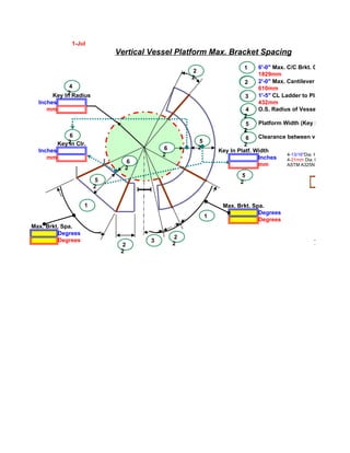 1-Jul
                             Vertical Vessel Platform Max. Bracket Spacing
                                                                            1     6'-0" Max. C/C Brkt. On O.S. Rad./E
                                                     2
                                                                                  1829mm
                                                    2
                                                                            1
                                                                            2     2'-0" Max. Cantilever on O.S. Rad.
             4                                                                    610mm
            2 Radius
       Key In                                                                     1'-5" CL Ladder to Platform on O.S
                                                                             2
                                                                             3
  Inches                                                                          432mm
     mm                                                                     4
                                                                            3     O.S. Radius of Vessel plus Insulat
                                                                           2
                                                                            4
                                                                            5    Platform Width (Key In)
                                                                           2
               6                                                            6    Clearance between vessel & platfo
           Key2 Clr.
              In                                          5
                                                                           2
                                           6             2
  Inches                                                          Key In Platf. Width
                                          2                                                4-13/16"Dia. Holes for 3/4"Dia.
     mm                                                                          Inches    4-21mm Dia. Holes for 19mm D
                                6                                                mm        ASTM A325N Bolts w/ L.I.W.
                               2
                                                                            5
                         5                                                 2
                        2


                    1                                              Max. Brkt. Spa.
                                                                                Degrees
                                                              1
                                                                                Degrees
Max. Brkt. Spa.
          Degrees
                                                2
          Degrees                     3                                                                   Typical Hot Ve
                               2               2
                              2
 