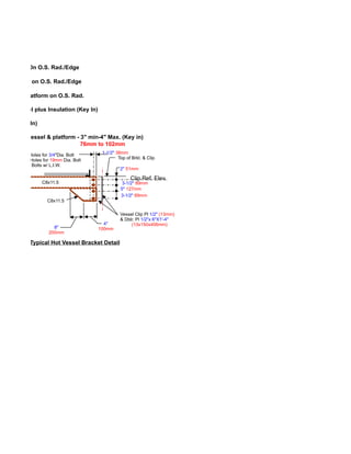 . C/C Brkt. On O.S. Rad./Edge

. Cantilever on O.S. Rad./Edge

Ladder to Platform on O.S. Rad.

us of Vessel plus Insulation (Key In)

Width (Key In)

e between vessel & platform - 3" min-4" Max. (Key in)
                              76mm to 102mm
 4-13/16"Dia. Holes for 3/4"Dia. Bolt    1-1/2" 38mm
 4-21mm Dia. Holes for 19mm Dia. Bolt            Top of Brkt. & Clip
 ASTM A325N Bolts w/ L.I.W.
                                                  2" 51mm

                                                       Clip Ref. Elev.
                   C8x11.5                         3-1/2" 89mm
                                                  5" 127mm
                                                  3-1/2" 89mm
                     C8x11.5

                                                  Vessel Clip Pl 1/2" (13mm)
                                                  & Dblr. Pl 1/2"x 6"X1'-4"
                                          4"           (13x150x406mm)
                        8"              100mm
                      200mm

             Typical Hot Vessel Bracket Detail
 