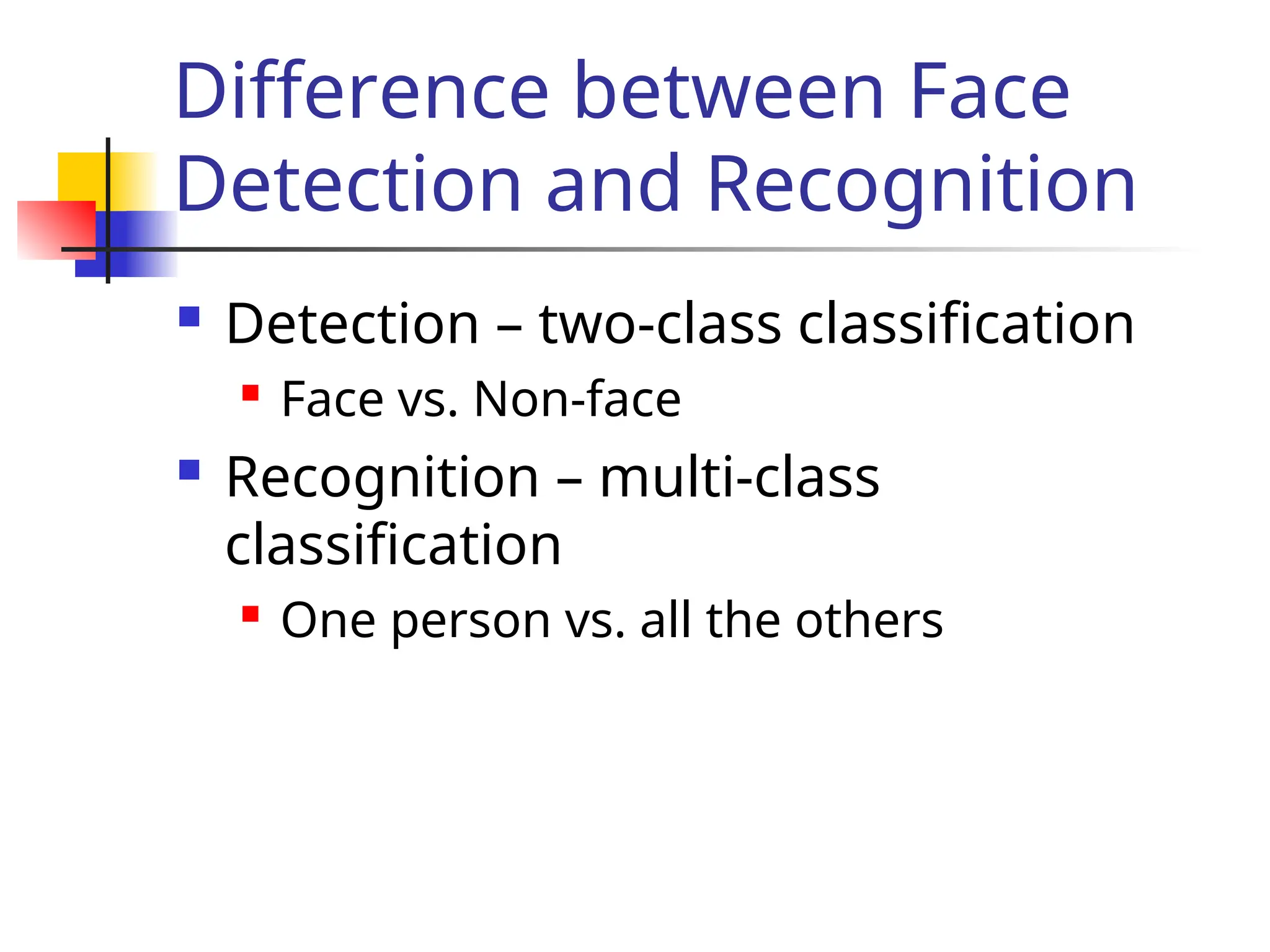 Difference between Face Detection and Recognition  Detection – two-class classification  Face vs. Non-face  Recognition – multi-class classification  One person vs. all the others 