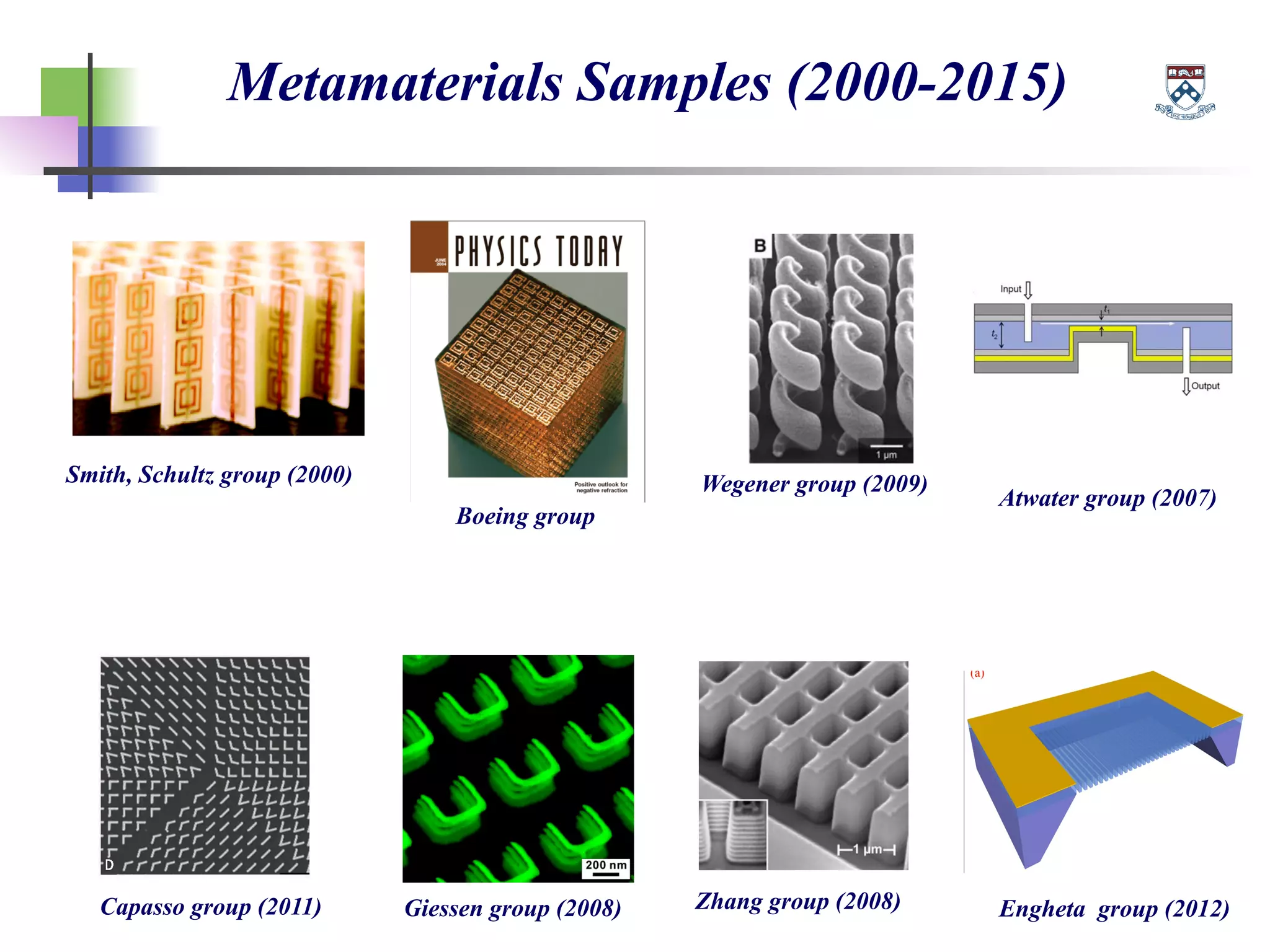 Metamaterials Samples (2000-2015)
Smith, Schultz group (2000)
Boeing group
Capasso group (2011)
Wegener group (2009)
Zhang group (2008)
Atwater group (2007)
Engheta group (2012)Giessen group (2008)
 