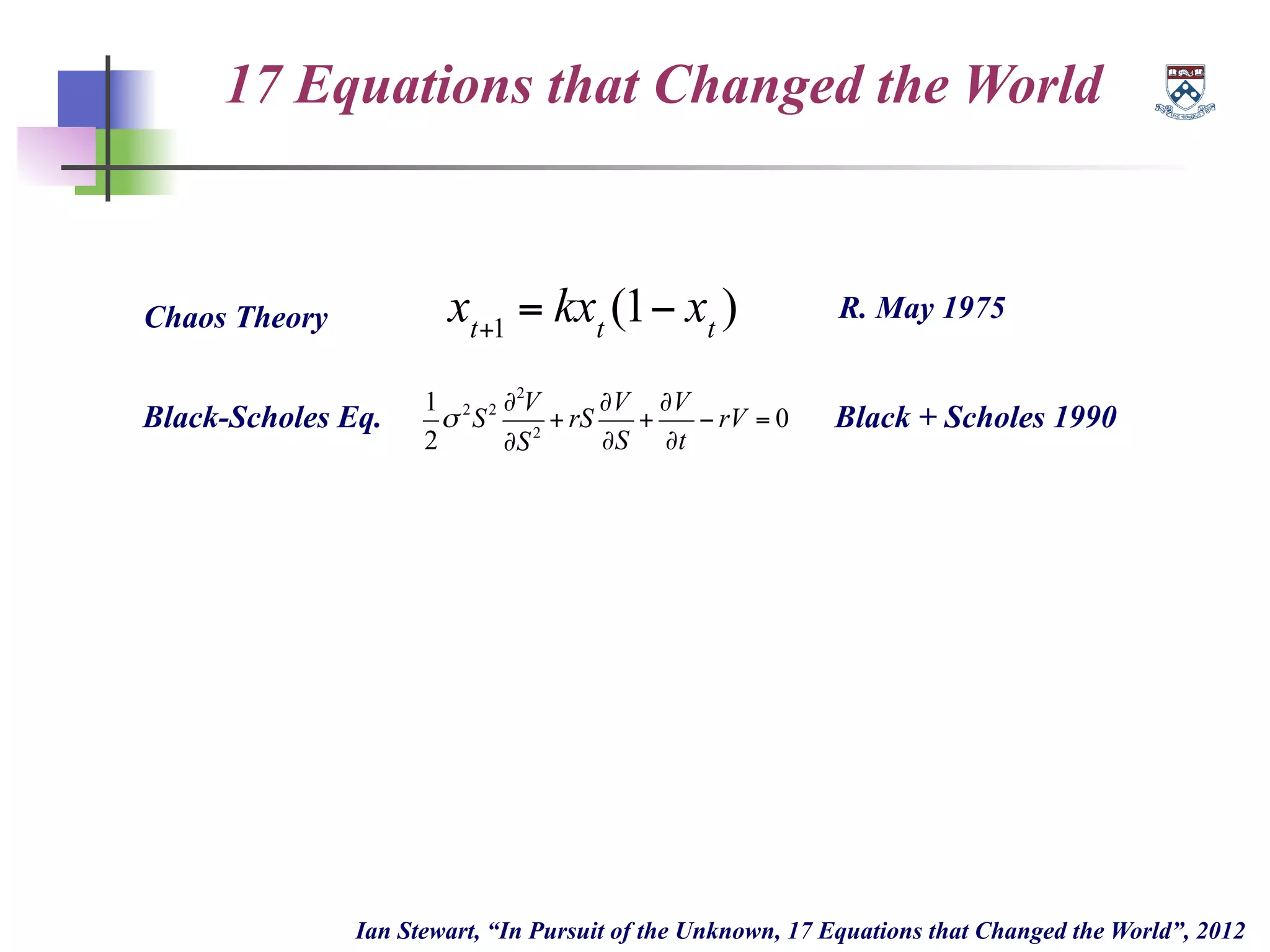 17 Equations that Changed the World
Ian Stewart, “In Pursuit of the Unknown, 17 Equations that Changed the World”, 2012
Chaos Theory xt+1
= kxt
(1− xt
) R. May 1975
Black-Scholes Eq.
1
2
σ 2
S2 ∂2
V
∂S2
+ rS
∂V
∂S
+
∂V
∂t
− rV = 0 Black + Scholes 1990
 