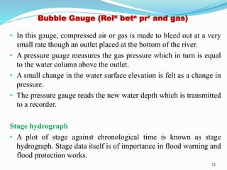 Bubble Gauge (Reln betn prr and gas)
• In this gauge, compressed air or gas is made to bleed out at a very
small rate though an outlet placed at the bottom of the river.
• A pressure guage measures the gas pressure which in turn is equal
to the water column above the outlet.
• A small change in the water surface elevation is felt as a change in
pressure.
• The pressure gauge reads the new water depth which is transmitted
to a recorder.
Stage hydrograph
• A plot of stage against chronological time is known as stage
hydrograph. Stage data itself is of importance in flood warning and
flood protection works.
12
 
