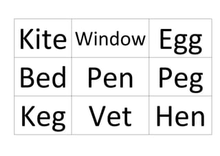 Kite Window Egg
Bed Pen Peg
Keg Vet Hen
 