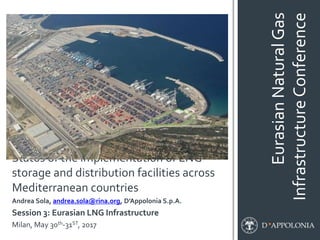 EurasianNaturalGas
InfrastructureConference
Status of the implementation of LNG
storage and distribution facilities across
Mediterranean countries
Andrea Sola, andrea.sola@rina.org, D’Appolonia S.p.A.
Session 3: Eurasian LNG Infrastructure
Milan, May 30th-31ST, 2017
 