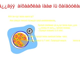 ä¿¿äýý àíõààðëàà íààø íü õàíäóóëàà
   Äîîð õè÷íýýí ïèööà áàéíà âý?

    Áèä ýõëýýä ïèööàíû õýìæýýã ìýäýõ øààðäëàãàòàé.

                                  Öýíõýð òîéðãèéã íýã á¿òýí ïèööà ãýæ ¿çüå.
                                   ¿¿íèéãýý 8í òýíö¿¿ õýñýãò õóâààÿ,
                                  - Òýãâýë õóâààðü íü 8 áîëíî.

                       Îäîî áèä 7í õýñýã ïèööà áàéãààã õàðæ ÷àäíà.

                       Èéìýýñ õ¿ðòâýð íü 7 áîëíî. Òýãýõýýð áèäýíä     ïèööà áà
 