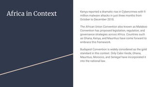 Africa in Context
Kenya reported a dramatic rise in Cybercrimes with 9
million malware attacks in just three months from
October to December 2018.
The African Union Convention also known as Malaboo
Convention has proposed legislation, regulation, and
governance strategies across Africa. Countries such
as Ghana, Kenya, and Mauritius have come forward to
embrace this framework.
Budapest Convention is widely considered as the gold
standard in this context. Only Cabo Verde, Ghana,
Mauritius, Morocco, and Senegal have incorporated it
into the national law.
 