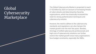 Global
Cybersecurity
Marketplace
The Global Cybersecurity Market is projected to reach
$ 152 billion by 2025 on account of increasing threats
of cyber-attacks and data breaches faced by
organizations, which has drastically increased the
need for strong authentication techniques and
cybersecurity solution.
However, the need to adhere to the cybersecurity
standards and regulations can also hamper the
market growth over the next few years. Besides,
shortage of skilled cybersecurity professionals and
high cost of cybersecurity solutions can further
restrict the market growth since many organizations
face budget constraints, especially the SMEs.
 