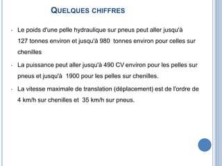 QUELQUES CHIFFRES
• Le poids d'une pelle hydraulique sur pneus peut aller jusqu'à
127 tonnes environ et jusqu'à 980 tonnes environ pour celles sur
chenilles
• La puissance peut aller jusqu'à 490 CV environ pour les pelles sur
pneus et jusqu'à 1900 pour les pelles sur chenilles.
• La vitesse maximale de translation (déplacement) est de l'ordre de
4 km/h sur chenilles et 35 km/h sur pneus.
 