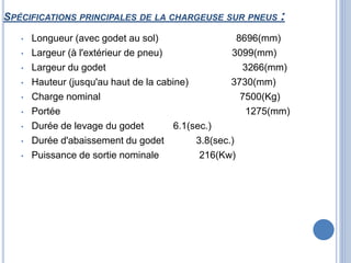 SPÉCIFICATIONS PRINCIPALES DE LA CHARGEUSE SUR PNEUS :
• Longueur (avec godet au sol) 8696(mm)
• Largeur (à l'extérieur de pneu) 3099(mm)
• Largeur du godet 3266(mm)
• Hauteur (jusqu'au haut de la cabine) 3730(mm)
• Charge nominal 7500(Kg)
• Portée 1275(mm)
• Durée de levage du godet 6.1(sec.)
• Durée d'abaissement du godet 3.8(sec.)
• Puissance de sortie nominale 216(Kw)
 