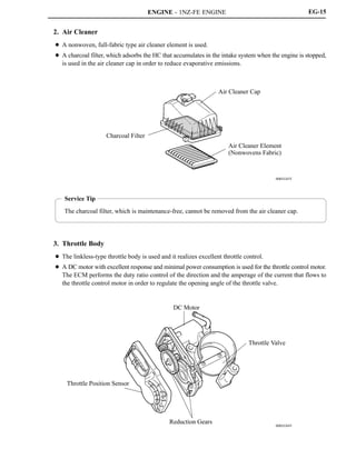 ENGINE - 1NZ-FE ENGINE
00REG03Y
Charcoal Filter
Air Cleaner Cap
Air Cleaner Element
(Nonwovens Fabric)
Service Tip
The charcoal filter, which is maintenance-free, cannot be removed from the air cleaner cap.
00REG04Y
DC Motor
Throttle Valve
Reduction Gears
Throttle Position Sensor
EG-15
2. Air Cleaner
D A nonwoven, full-fabric type air cleaner element is used.
D A charcoal filter, which adsorbs the HC that accumulates in the intake system when the engine is stopped,
is used in the air cleaner cap in order to reduce evaporative emissions.
3. Throttle Body
D The linkless-type throttle body is used and it realizes excellent throttle control.
D A DC motor with excellent response and minimal power consumption is used for the throttle control motor.
The ECM performs the duty ratio control of the direction and the amperage of the current that flows to
the throttle control motor in order to regulate the opening angle of the throttle valve.
 