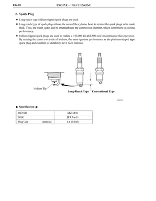ENGINE - 1NZ-FE ENGINE
281EG73
Long-Reach Type Conventional Type
Iridium Tip
EG-20
2. Spark Plug
D Long-reach type iridium-tipped spark plugs are used.
D Long-reach type of spark plugs allows the area of the cylinder head to receive the spark plugs to be made
thick. Thus, the water jacket can be extended near the combustion chamber, which contributes to cooling
performance.
D Iridium-tipped spark plugs are used to realize a 100,000 km (62,500 mile) maintenance-free operation.
By making the center electrode of iridium, the same ignition performance as the platinum-tipped type
spark plug and excellent of durability have been realized.
" Specification A
DENSO SK16R11
NGK IFR5A-11
Plug Gap mm (in.) 1.1 (0.043)
 