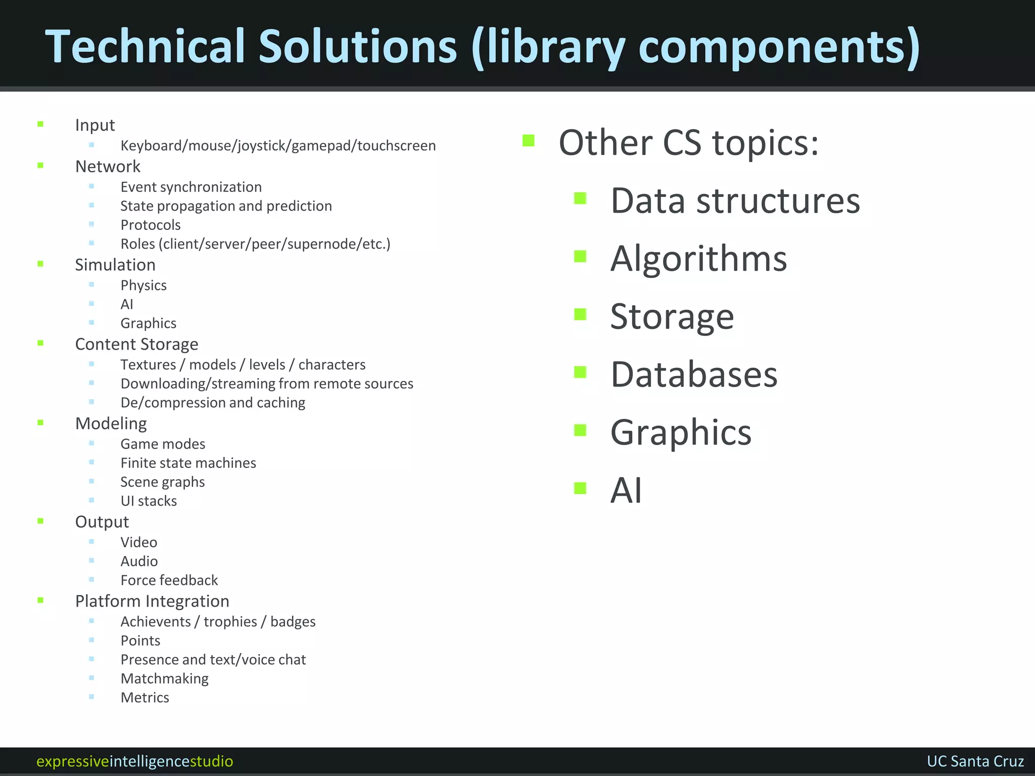 Technical Solutions (library components)
    Input


       
     Network
             Keyboard/mouse/joystick/gamepad/touchscreen    Other CS topics:
                                                              Data structures
            Event synchronization
            State propagation and prediction
            Protocols
       
                                                              Algorithms
             Roles (client/server/peer/supernode/etc.)
    Simulation
            Physics
       
       
             AI
             Graphics                                         Storage
    Content Storage
       
       
             Textures / models / levels / characters
             Downloading/streaming from remote sources        Databases
            De/compression and caching
    Modeling
            Game modes                                       Graphics
            Finite state machines
       
       
             Scene graphs
             UI stacks                                        AI
    Output
            Video
            Audio
            Force feedback
    Platform Integration
            Achievents / trophies / badges
            Points
            Presence and text/voice chat
            Matchmaking
            Metrics



expressiveintelligencestudio                                                     UC Santa Cruz
 
