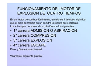 FUNCIONAMIENTO DEL MOTOR DE
EXPLOSION DE CUATRO TIEMPOS
E t d b tió i t l i l d 4 ti i ifiEn un motor de combustión interna, el ciclo de 4 tiempos significa
que el ciclo de trabajo en un cilindro lo realiza en 4 carreras.
Los 4 tiempos del motor de explosión son los siguientesLos 4 tiempos del motor de explosión son los siguientes
• 1ª carrera ADMISION O ASPIRACION
2ª COMPRESION• 2ª carrera COMPRESION
• 3ª carrera EXPLOSION
• 4ª carrera ESCAPE
Pero ¿Que es una carrera?¿Q
Veamos el siguiente grafico:
 