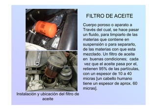 FILTRO DE ACEITE
Cuerpo poroso o aparato a
Través del cual se hace pasar
FILTRO DE ACEITE
Través del cual, se hace pasar
un fluido, para limpiarlo de las
materias que contiene en
suspensión o para separarlo,
de las materias con que esta
mezclado Un filtro de aceitemezclado. Un filtro de aceite
en buenas condiciones; cada
vez que el aceite pasa por el,
ti 95% d l tí lretienen 95% de las partículas,
con un espesor de 10 a 40
micras [un cabello humano[
tiene un espesor de aprox. 60
micras].
I t l ió bi ió d l filt dInstalación y ubicación del filtro de
aceite
 