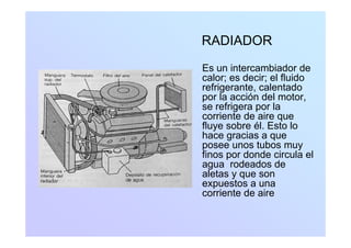 RADIADORRADIADOR
Es un intercambiador deEs un intercambiador de
calor; es decir; el fluido
refrigerante, calentado
por la acción del motorpor la acción del motor,
se refrigera por la
corriente de aire que
fluye sobre él Esto lofluye sobre él. Esto lo
hace gracias a que
posee unos tubos muy
fi d d i l lfinos por donde circula el
agua rodeados de
aletas y que son
texpuestos a una
corriente de aire
 